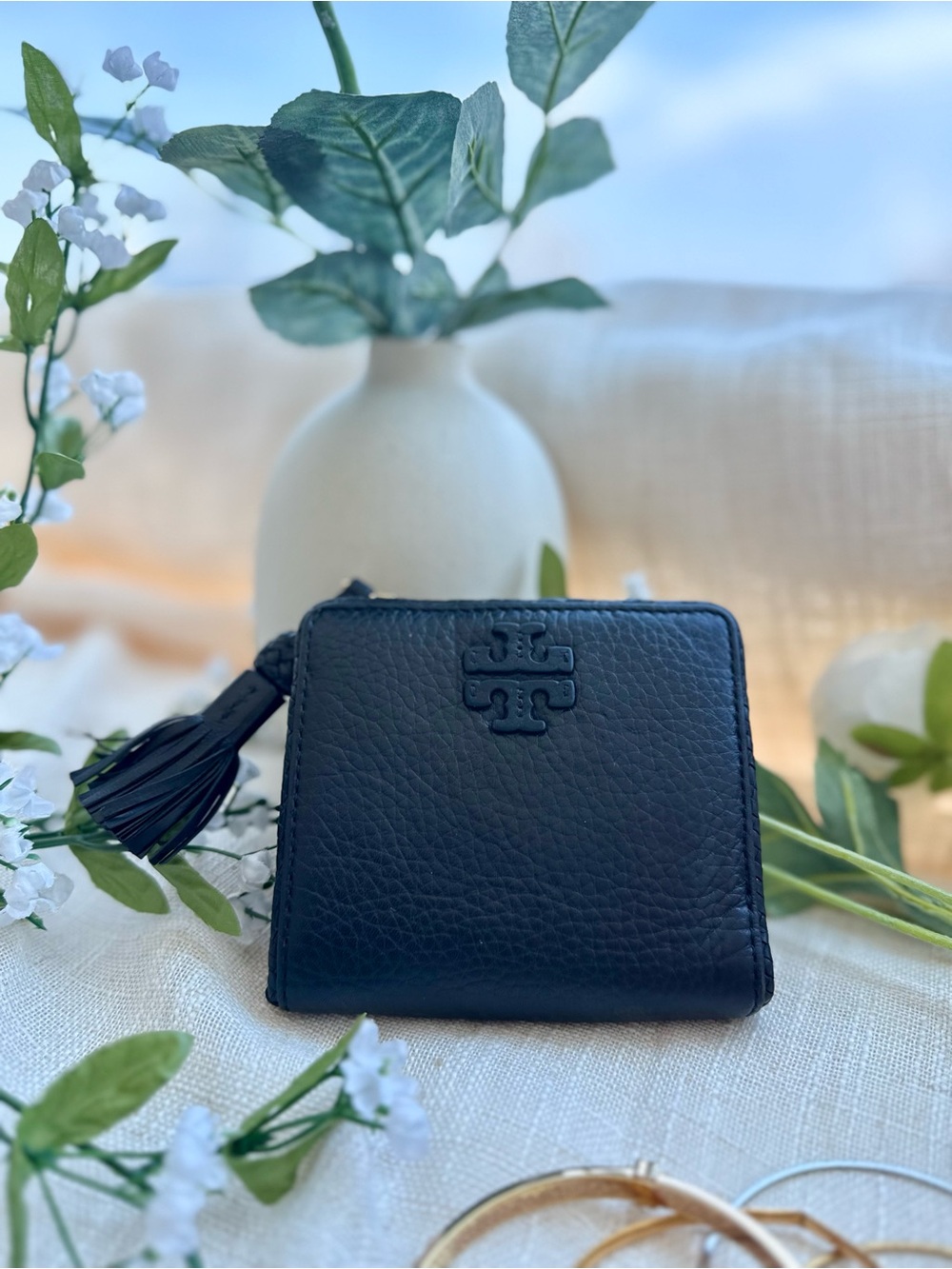 Tory Burch Taylor Mini Bifold Wallet Black Pebbled Leather Tassel